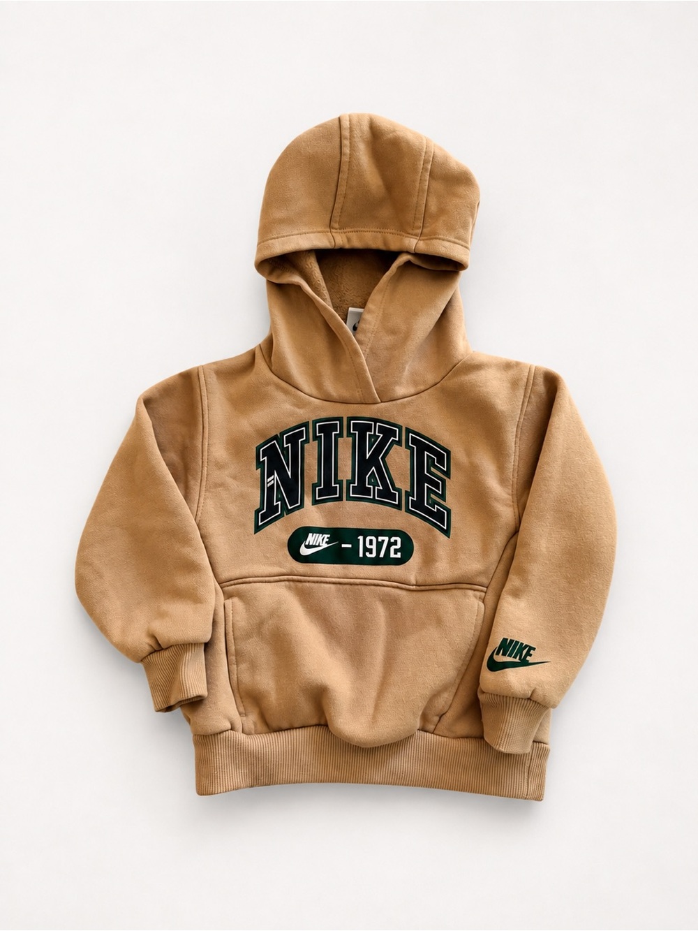 Nike Kids Tan Pullover Hoodie with Green Logo